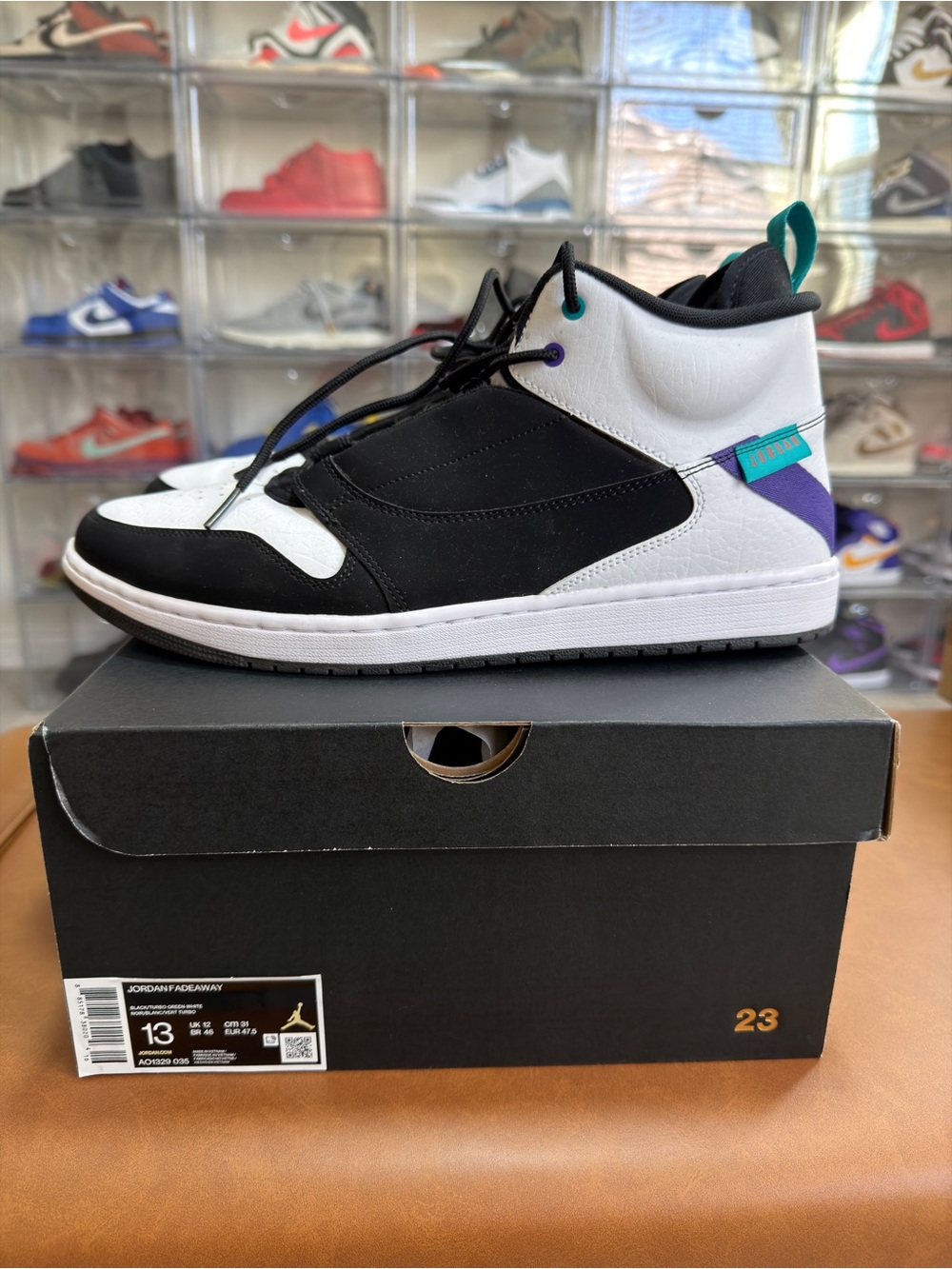 Jordan Fadeaway Mid-Top Sneakers in Black, White, Teal & Purple